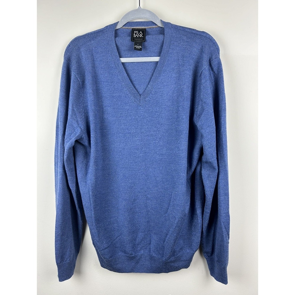 JOS. A. BANK 100% Merino Wool Men's Blue V-Neck Pullover Sweater LARGE
